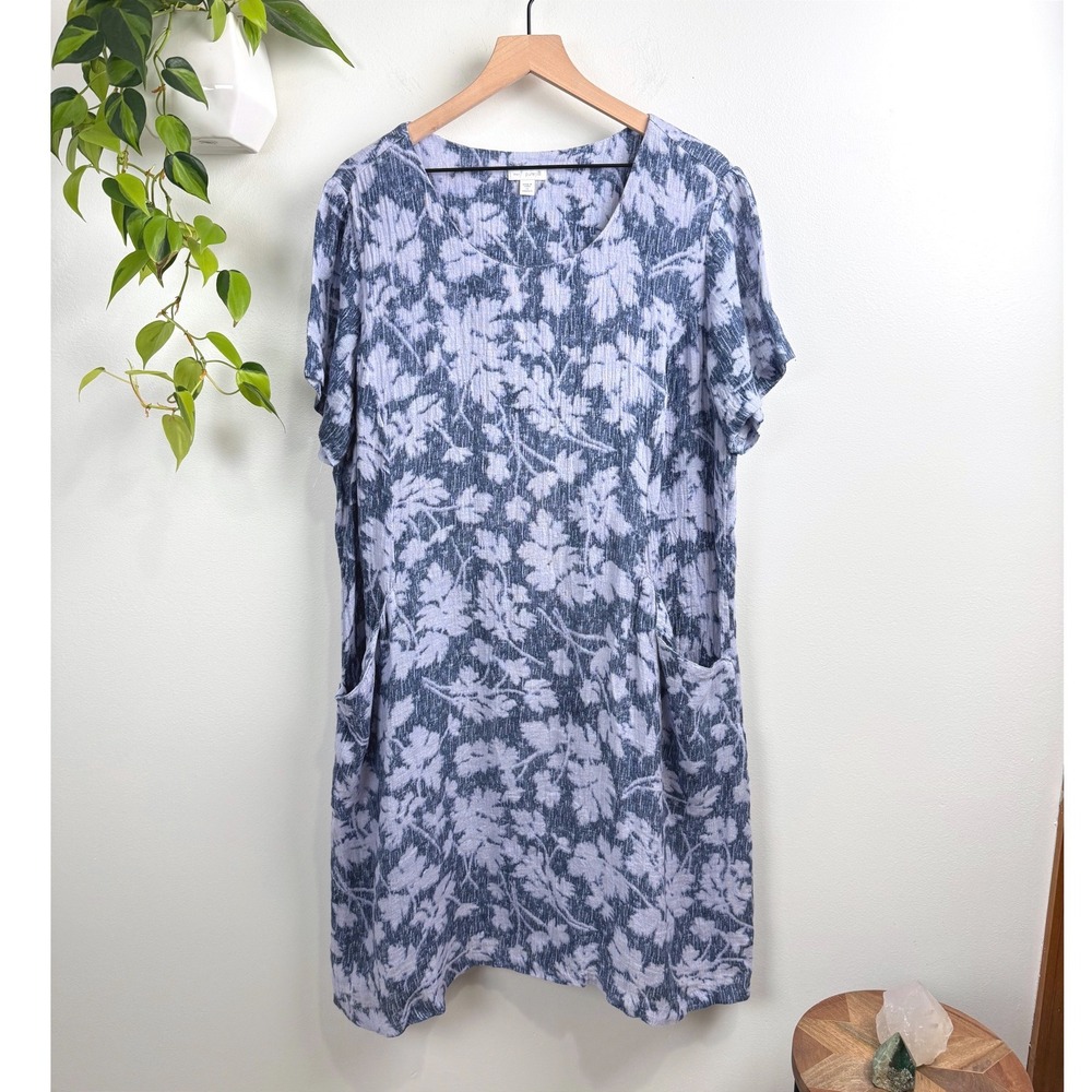 Pure Jill J. Jill Blue Linen Floral Shift Dress Pockets 1X Resort Travel Coastal
